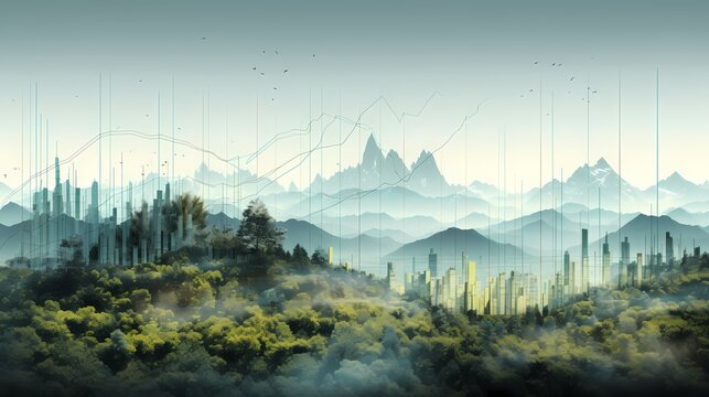 A digitally manipulated image presenting a stock graph merging with natural landscapes, signifying the intersection of finance and environment.