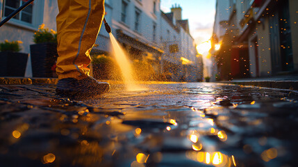 Janitor washes a cobbled street with a hose in the morning light .