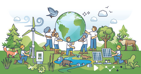 Environmental science as physics, biology and geography study combination outline concept. Sustainable future solutions with nature friendly and ecological green power research vector illustration.