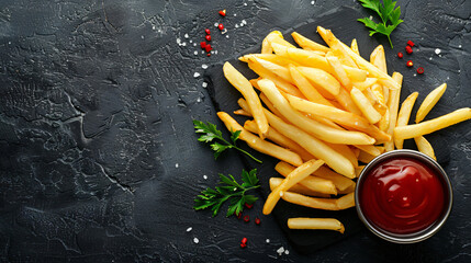 Crispy delicious French fries on a dark.