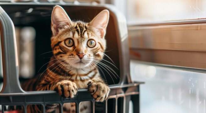 the image is the  cat sitting in the cat carrier. Animal welfare and adoption, pet Travel and transportation