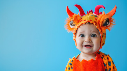 Cute baby girl in halloween monster costume with fun expression on face