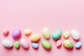 decorative easter eggs on colored background. easter eggs collection top view with copy space