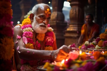 
Middle-aged Hindu priest in his 40s offering flowers to the deities in a colorful Indian temple