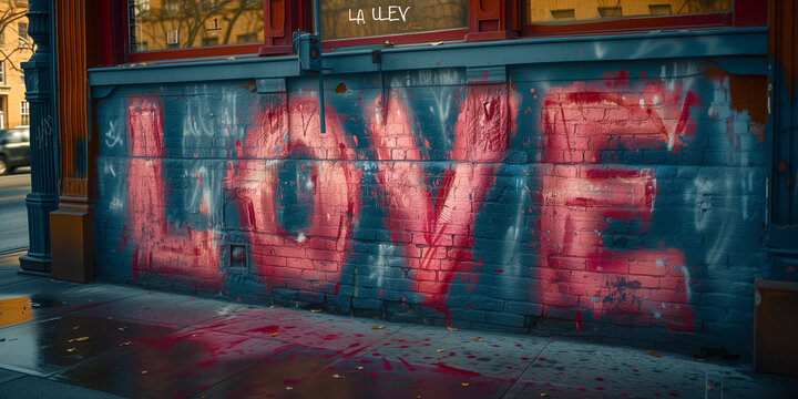 Schriftzug Buchstaben LOVE als Text an der Wand mit Grafitti zum Valentinstag und Muttertag, ai generativ