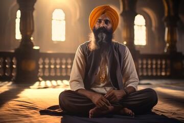 
Middle-aged Sikh granthi in his 40s reciting hymns inside the Golden Temple in Amritsar, India - obrazy, fototapety, plakaty