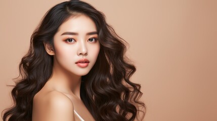 A beautiful Asian woman with perfect fresh clean skin, long hair on a beige background with a copy space. Makeup, Natural Beauty, Cosmetics, Cosmetology, Plastic Surgery, Youth, Facials, Spa concepts.