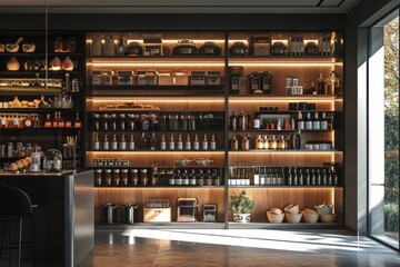 A sleek and stylish modern large pantry filled with numerous shelves holding an abundance of bottles.