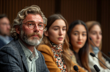 Obraz premium Businessman, conference or panel speaker with a microphone at a business seminar for knowledge, motivational or discussion. Confident, man or coach speaks to group at a convention or corporate event
