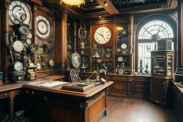 A retro-futuristic steampunk office space featuring a multitude of clocks adorning the walls.