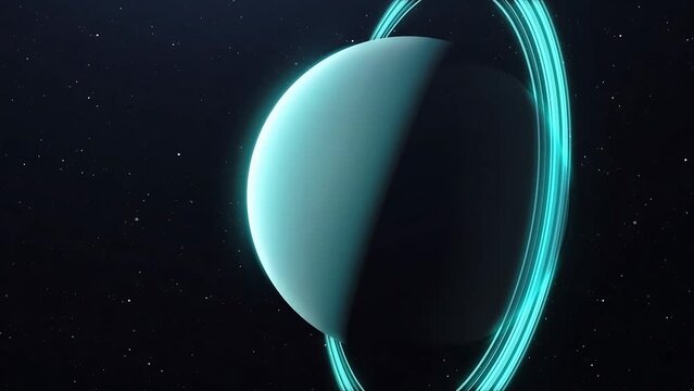 3D Rendered Animated Zooming Out View Of Spinning Blue Planet Uranus With Ring In Space.