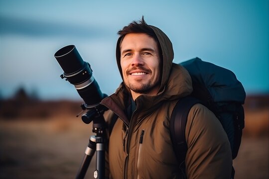 Portrait of a young man with backpack and binoculars looking away