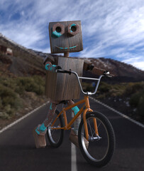 vintage robot created with wood and oxidized bicycle bolts​. 3D rendering - 741313530