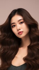 Fototapeta premium Close-up Portrait of a beautiful sexy Asian woman with perfect fresh clean skin, long hair on a beige background. Makeup, Natural Beauty, Cosmetics, Cosmetology, Youth, Skin care, Spa concepts.