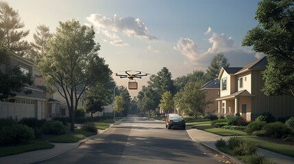 Drohne stellt Pakete zu Lieferdienst per Luftpost im Stadtgebiet schneller Lieferservice der Zukunft mit Drohnen Generative AI - obrazy, fototapety, plakaty