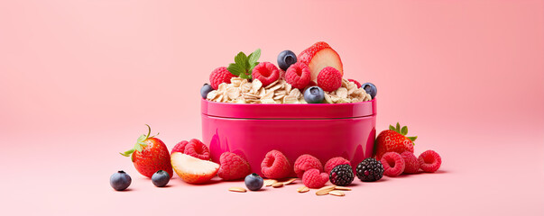 Lunch plastic pink box full of delicious fruits like raspberries , strawberries,