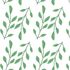 Hand drawn floral pattern with green branches. Vector illustration can used for wrapping paper, textile, clothes print, interior decor. 