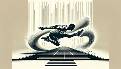 Artistic depiction of a long jumper mid-flight over a stylized track, with speed lines and abstract elements emphasizing motion and athletic prowess.Sport concept.AI generated.