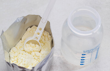 Powdered infant formula for making milk. A mixture to strengthen the baby's immunity and growth, close-up