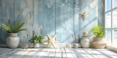 Coastal charm unfolds in the abode, where pristine whitewashed wooden planks exude a clean and refreshing embrace, evoking the calming essence of a beachside haven. - obrazy, fototapety, plakaty