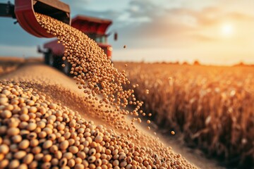 Pouring soy bean grain into tractor trailer after harvest at field