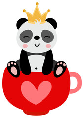 Cute panda with crown on head inside love cup