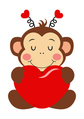 Cute valentine monkey sitting with red heart