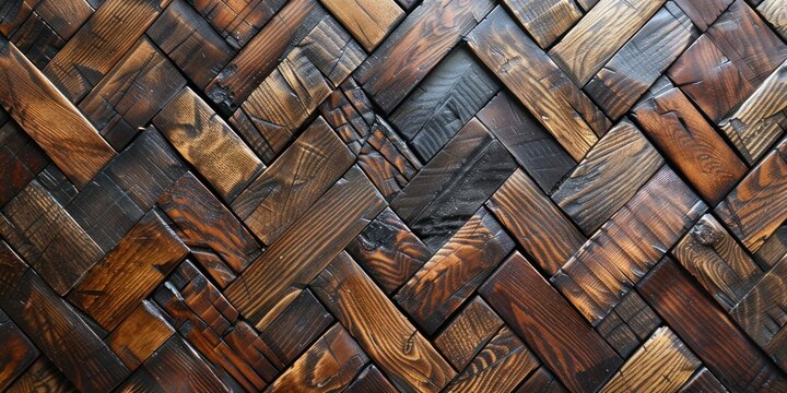 Exquisite basket weave wooden parquet flooring boasts an intricate and decorative design, creating a unique textural canvas for any space.