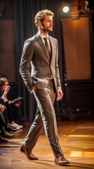 A male model exudes sophistication and allure as he confidently walks down a runway wearing a stylish suit.