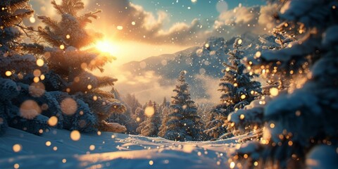 The sun shines brightly through the trees, casting a warm glow on the snowy landscape.