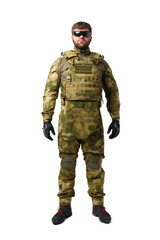 Full length portrait of man soldier wearing ammunition on white background