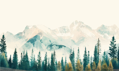 Digital painting of mountains and coniferous forest on a white background