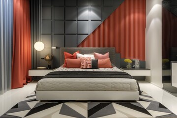 A sleek and stylish modern bedroom featuring a large bed and a vibrant red accent wall.