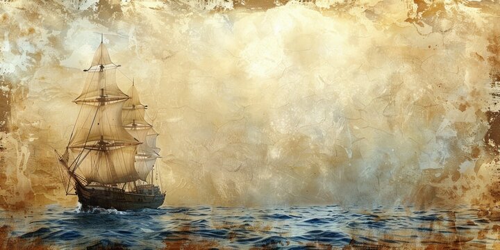 Vintage sailing ship illustration, aged paper background whispers tales of historical naval adventure.