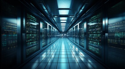 The photograph captures the interior of a modern, spacious server room, showcasing rows of equipment, racks, and cables, illustrating the technological infrastructure and complexity required for data