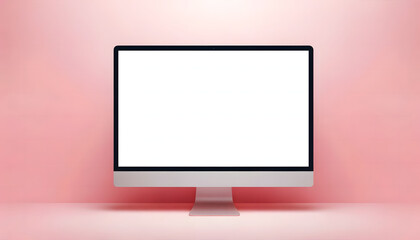 Ecran d'ordinateur blanc sur fond rose  - obrazy, fototapety, plakaty