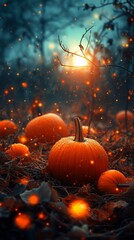 A collection of pumpkins sitting atop a field during a moonlit night in a pumpkin patch.