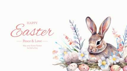 Easter basket with eggs and bunny decorated with flowers. Happy easter