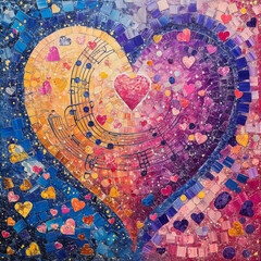 Beautiful wallpaper with colorful heart, music theme, abstract background, artificial intelligence music visualization, generated love music visualization. Love for music.