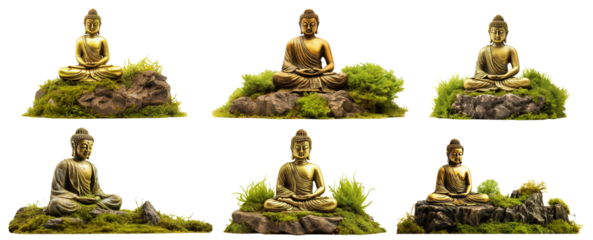 Set of golden buddha statues on mossy rocks, cut out
