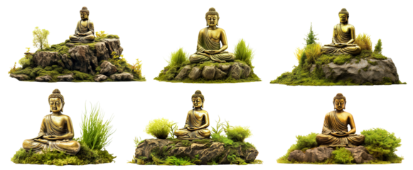 Set of golden buddha statues on mossy rocks, cut out