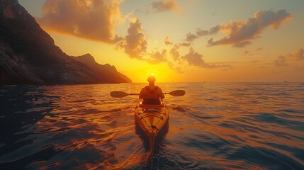 young man rowing kayak in the sea at sunset - obrazy, fototapety, plakaty
