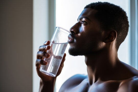 
A close-up photo of a 25-year-old African American man drinking water after a workout, highlighting hydration on World Health Day - Powered by Adobe