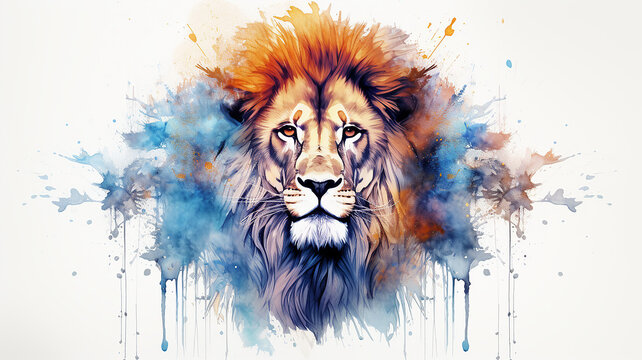 The African lion is the proud king of beasts, a savanna wild animal with a thick red mane splashed with bright watercolor paints