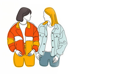 Fototapeta premium Minimalist full body illustration of man and woman. Wearing colorful outfit. Copy space.