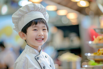 Happy little boy chef wearing chef hat and uniform with kitchen background