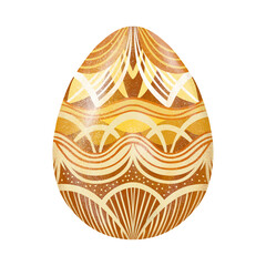 Easter egg, golden color, with ornaments in a geometric pattern, realistic effect, isolated on a white background, illustration for design and decor, holiday template for creativity