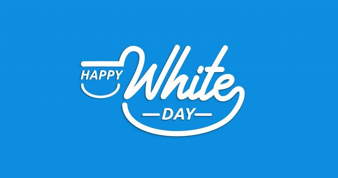 Happy white day text animation in white color on the blue screen alpha channel. Handwritten calligraphy typography. Great for celebrating annually on March 14, one month after Valentine's.