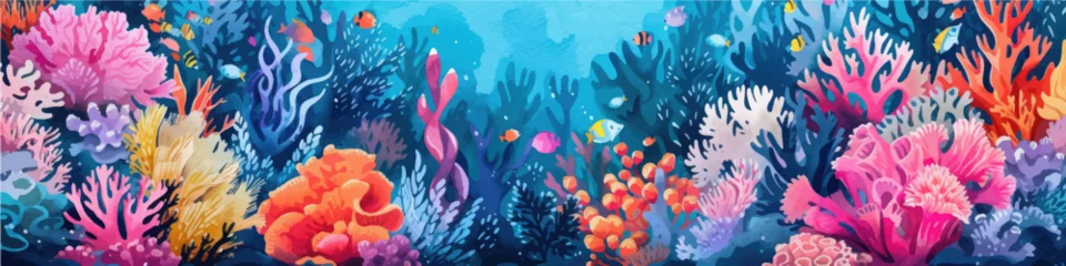 Foto op Plexiglas Underwater scene with coral reef, fish and seaweed. Vector watercolor illustration. © Alice