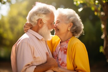 
Affectionate elderly duo, the man in his early 80s and the woman in her late 70s, European, sharing a sweet kiss on the lips